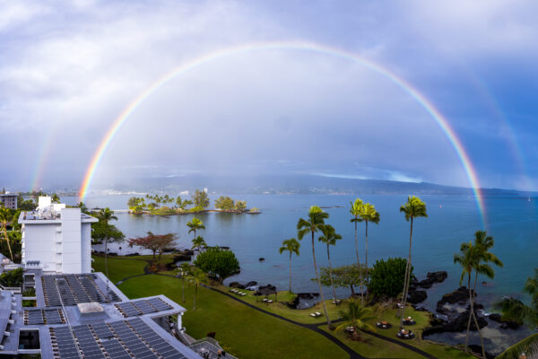 Bright rainbow over the bay in Hilo from my hotel room at the Grand Naniloa Doubletree in Hilo