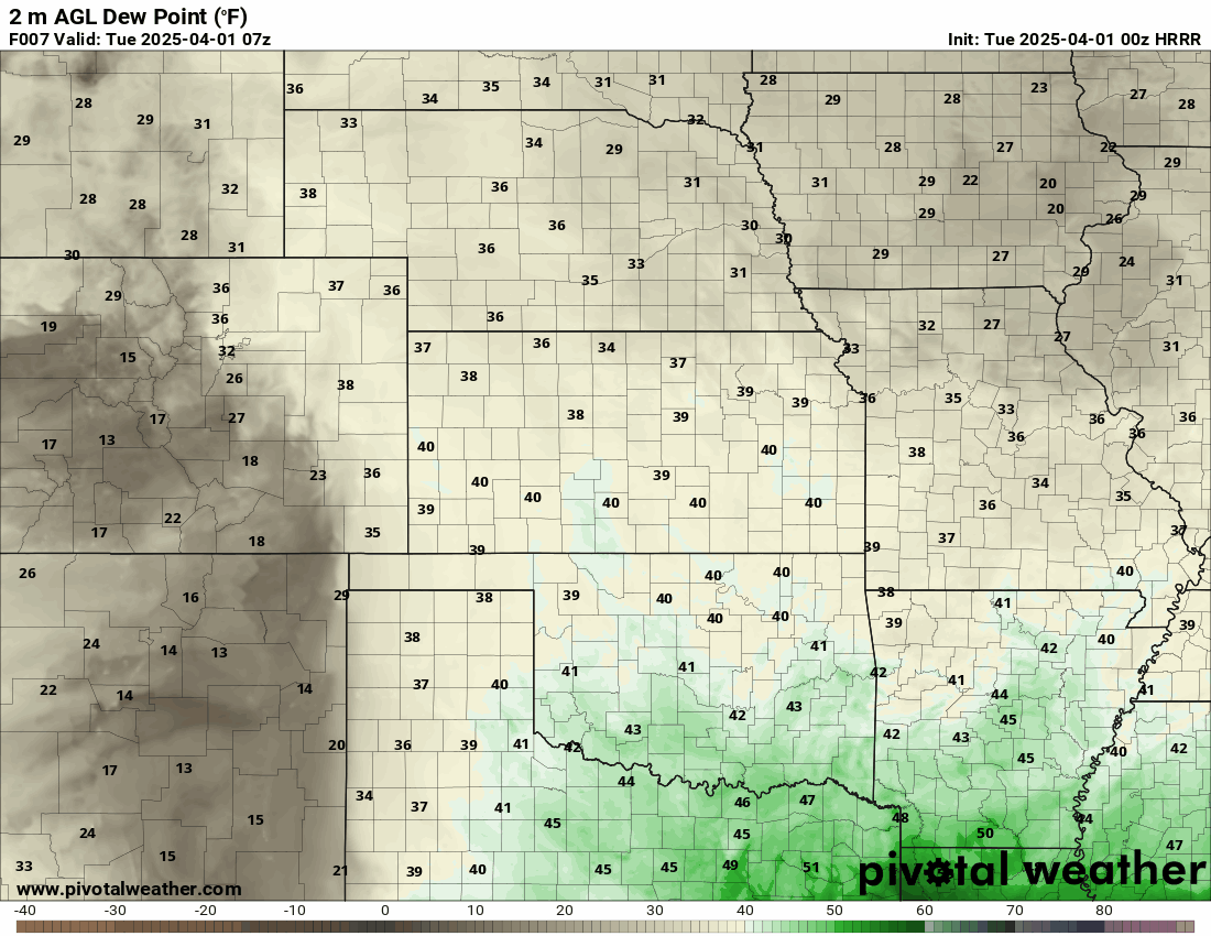 Forecast Loop of the 00Z HRRR for Surface Dewpoints