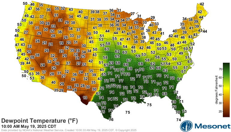 10 AM Dewpoint Map May 19, 2025